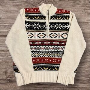 IZOD Sweater Mens M White Fair Isle Quarter‎ Zip Nordic Knit Pullover Winter